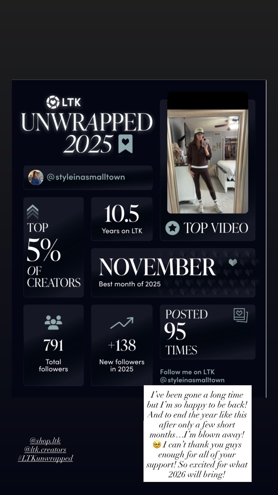 I’ve been gone a long time but I’m so happy to be back! And to end the year like this after only a few short months…I’m blown away! 🥹 I can’t thank you guys enough for all of your support! So excited for what 2026 will bring! ☺️

@shop.ltk 
@ltk.creators 
#LTKunwrapped

#LTKstorytime #LTKOver40