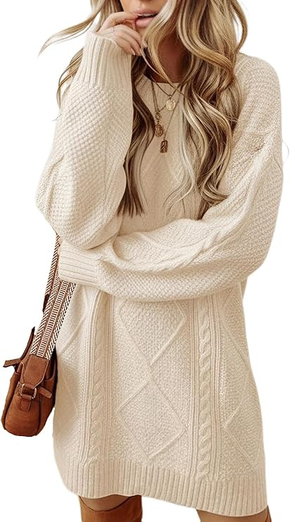 Chvity Women's Cable Knit Sweater Dress Drop Shoulder Long Sleeve Round Neck Casual Loose Fall Te... | Amazon (US)