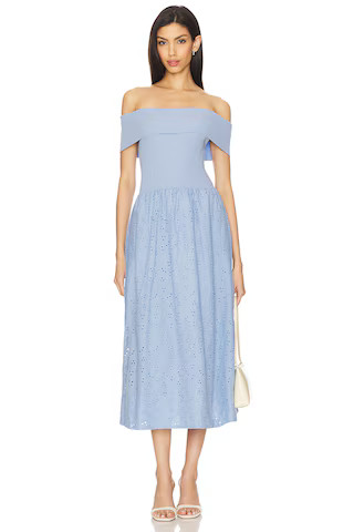 ASTR the Label Mixed Media Off Shoulder Dress in Blue from Revolve.com | Revolve Clothing (Global)