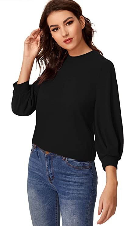 SheIn Women's Puff Sleeve Casual Solid Top Pullover Keyhole Back Blouse | Amazon (US)