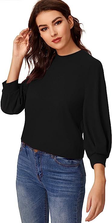 SheIn Women's Puff Sleeve Casual Solid Top Pullover Keyhole Back Blouse | Amazon (US)