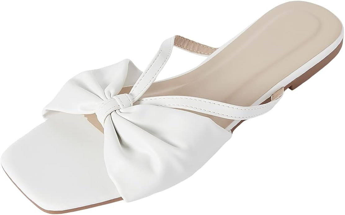 GORGLITTER Women's Bow Knot Square Toe Flat Sandals Open Toe Leather Slide Sandals | Amazon (US)