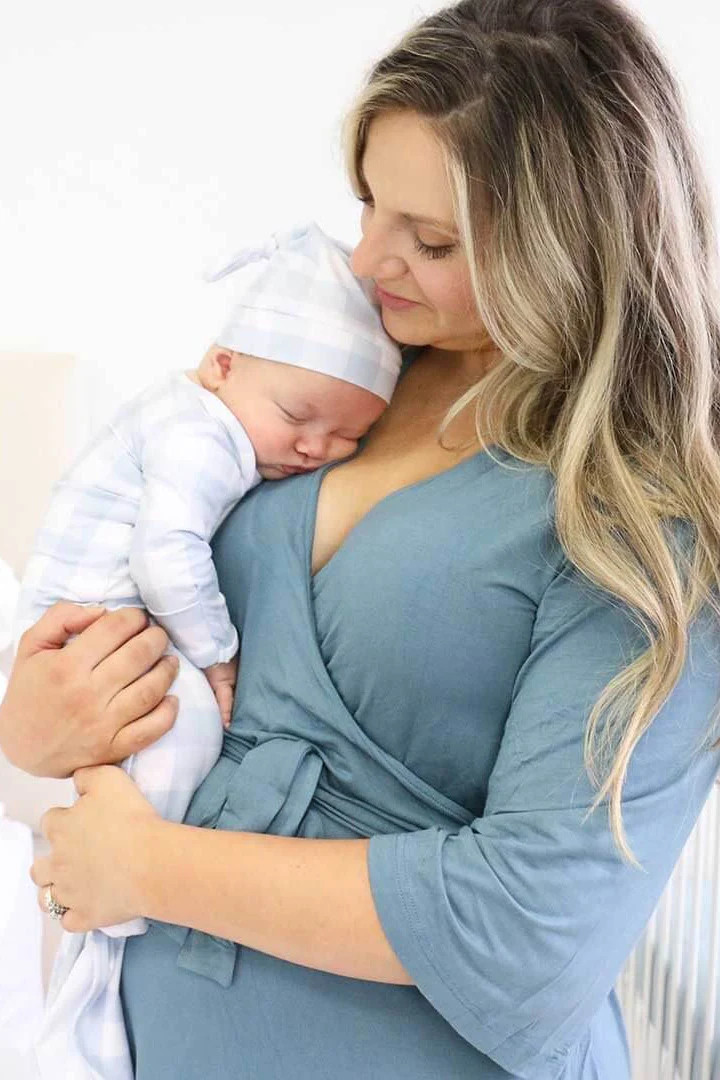 Solid Dusty Blue Bamboo Knit Maternity Robe | Caden Lane