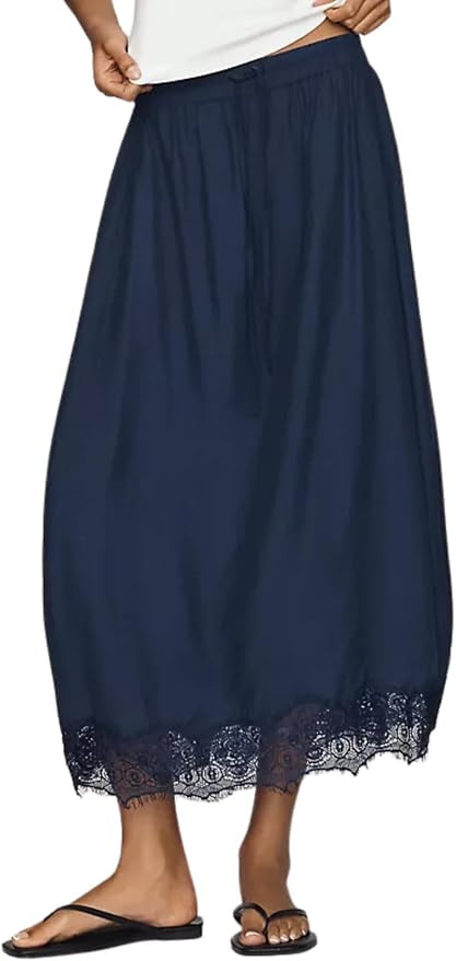 LAYOGAS Womens Boho Lace Trim Skirts Casual Midi Skirt with Pockets | Lace-Hem Skirt,A Line Skirt... | Amazon (US)