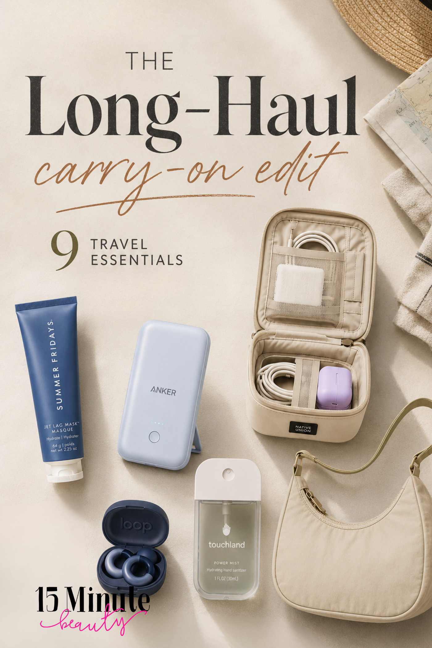 The long-haul carry-on edit ✈️🤍 Everything I’d want within arm’s reach for a travel day: skin-saving hydration, a portable charger, hand sanitizer, comfy earplugs, a sleek tech organizer, and an easy everyday bag that actually fits the essentials. Basically, the little upgrades that make airport days and long flights feel so much more put-together. All 9 travel essentials are linked here. 

 #LTKBeauty #LTKTravel