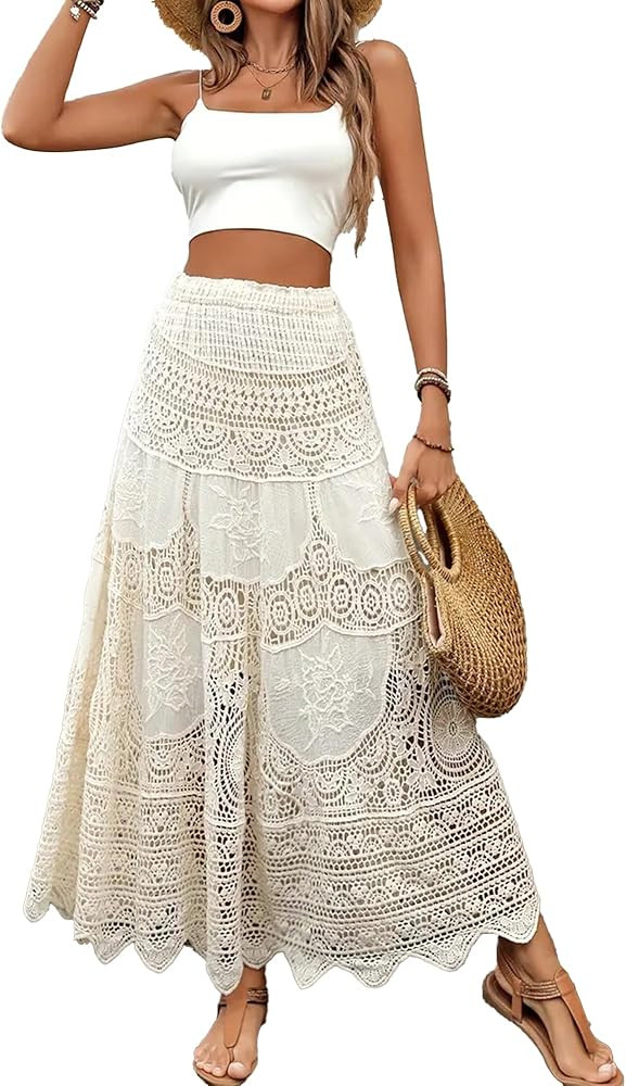 Womens Boho Maxi Skirt Elastic Waist Hollow Out Crochet Long Skirt Summer Beach Eyelet Skirts | Amazon (US)