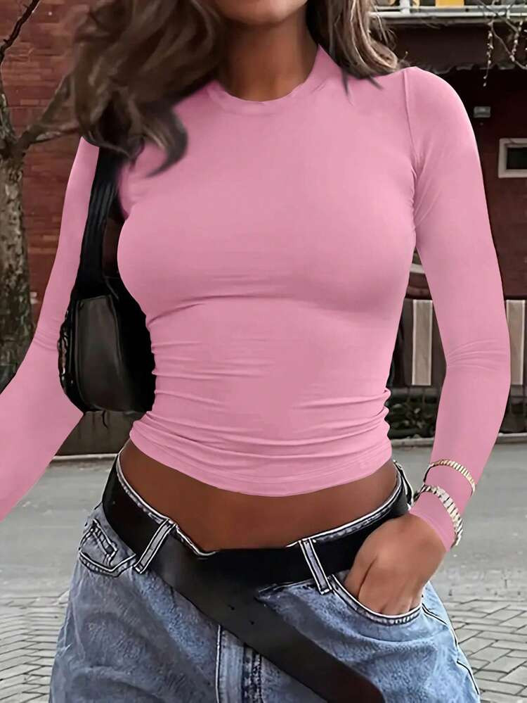 INAWLY Solva Women Casual Solid Color Round Neck Fitted Cropped T-Shirt, Autumn Fall Cloth For Women | SHEIN