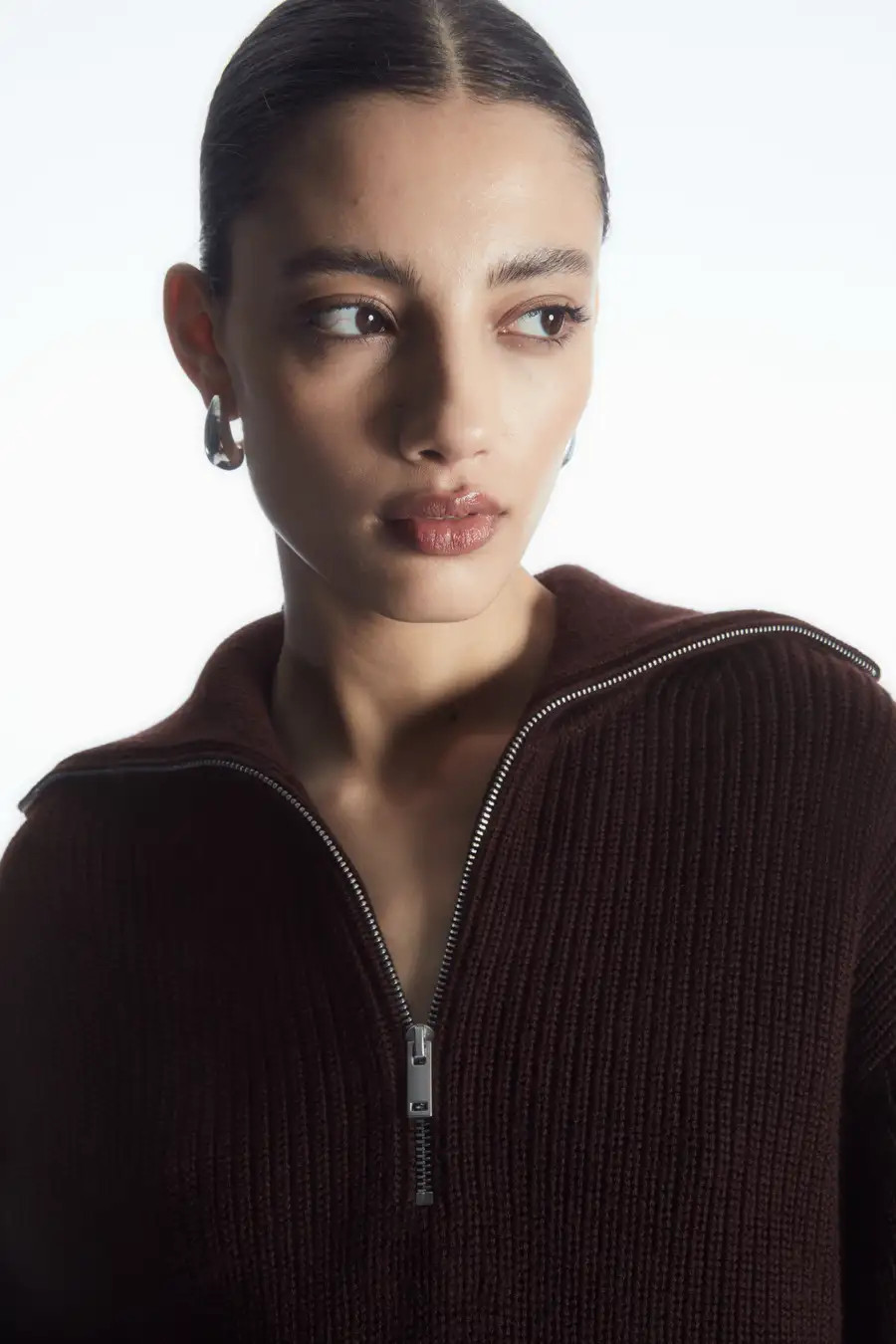 WOOL AND COTTON HALF-ZIP SWEATER - DARK BROWN - Knitwear - COS | COS (US)