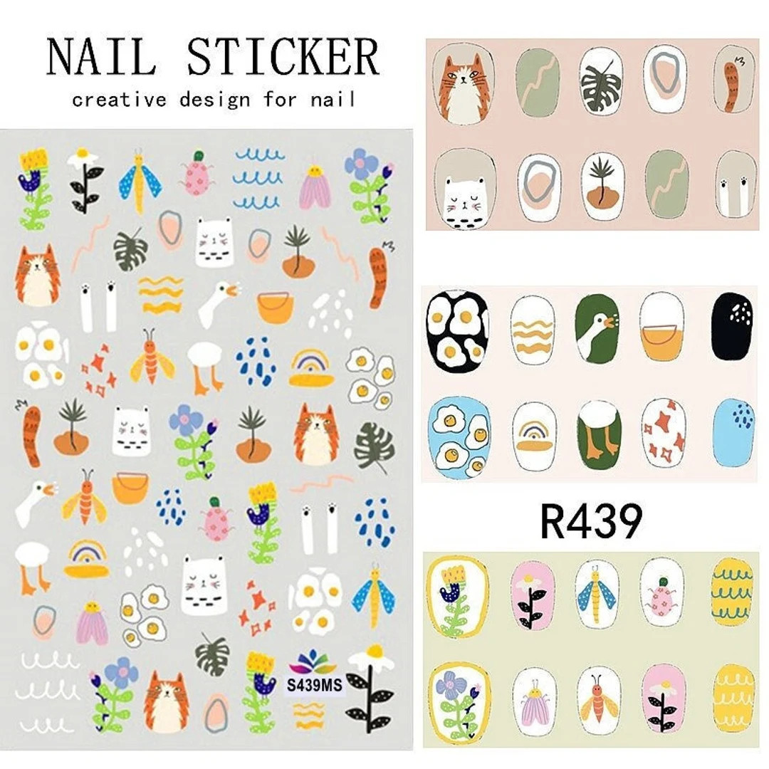 Farm Cat Goose Eggs Garden Nail Art Stickers Pastel Pink Fruit Rainbow Stripes Yellow Tiny Flower... | Etsy (US)