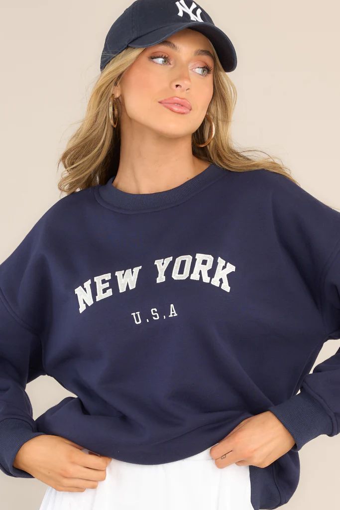 Big City Navy Blue Embroidered Pullover Sweatshirt | Red Dress