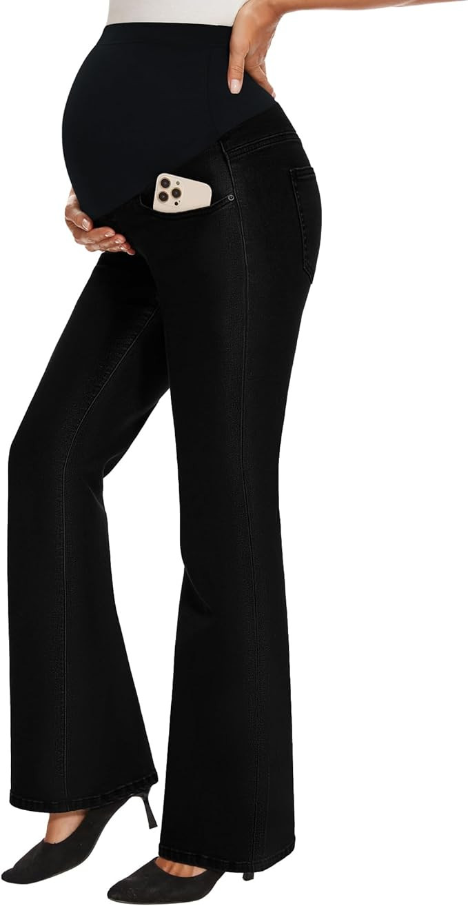 GLAMIX Women's Stretch Maternity Bootcut Jeans with Pockets Over The Belly Bell Bottoms Flare Den... | Amazon (US)