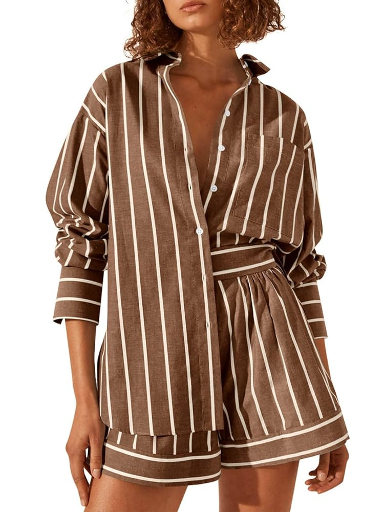 Tankaneo Womens 2 Piece Outfits Striped Long Sleeve Button Down Collared Shirt Matching Shorts Se... | Amazon (US)