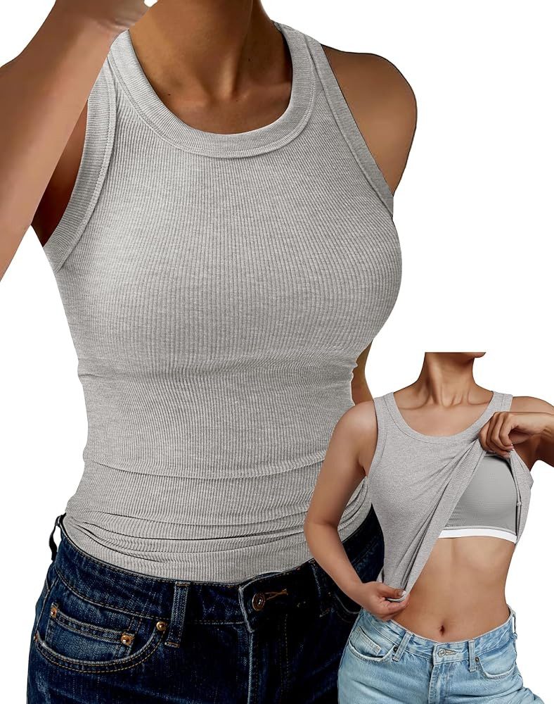 GKBK Tank Top for Women Built in Bra High Neck Ribbed Basics Tops Racerback Fitted Bra Tanks | Amazon (US)