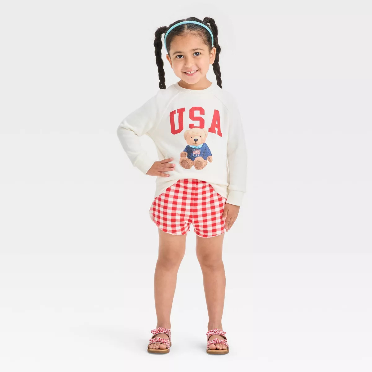 Toddler Girls' 2pc Americana USA Teddy Bear Pullover Sweatshirt and Gingham Shorts Set - Red | Target