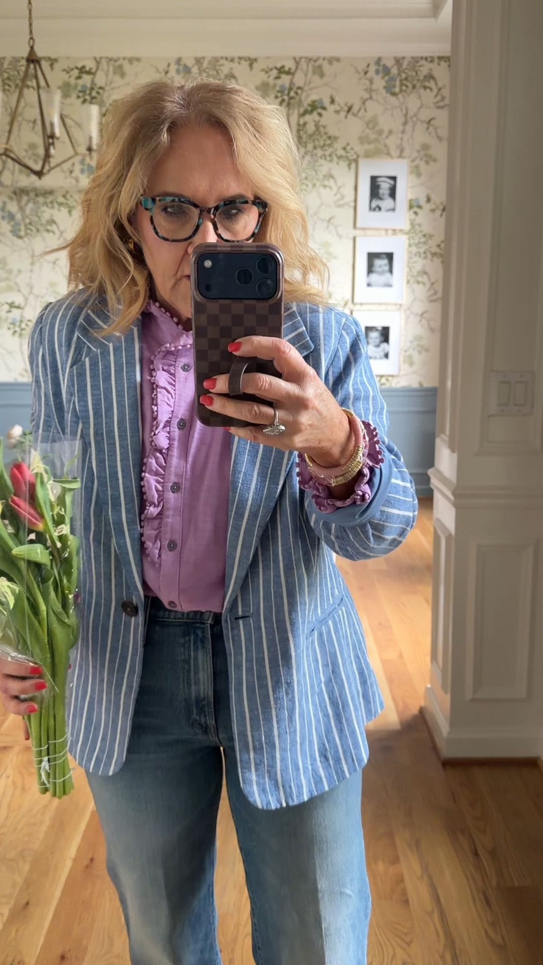 Walmart blazer size medium
Knit top size 10, it’s 25% off until Sunday
Premium denim by mother I did size up to a 30 regular. Two other pair that have a very similar silhouette.
Business cas so spring outfit 
20% off my bracelet stack code NANETTE20

#LTKOver40 #LTKSaleAlert