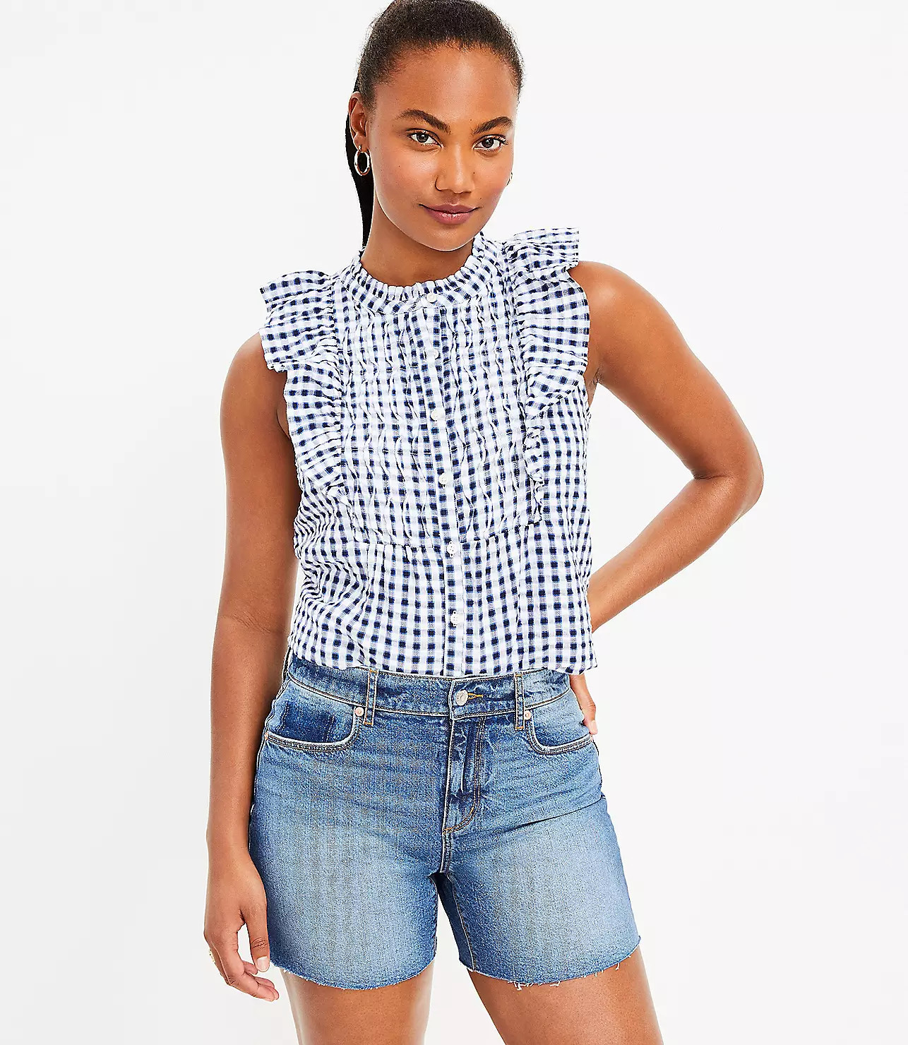 Plaid Ruffle Bib Button Top | LOFT