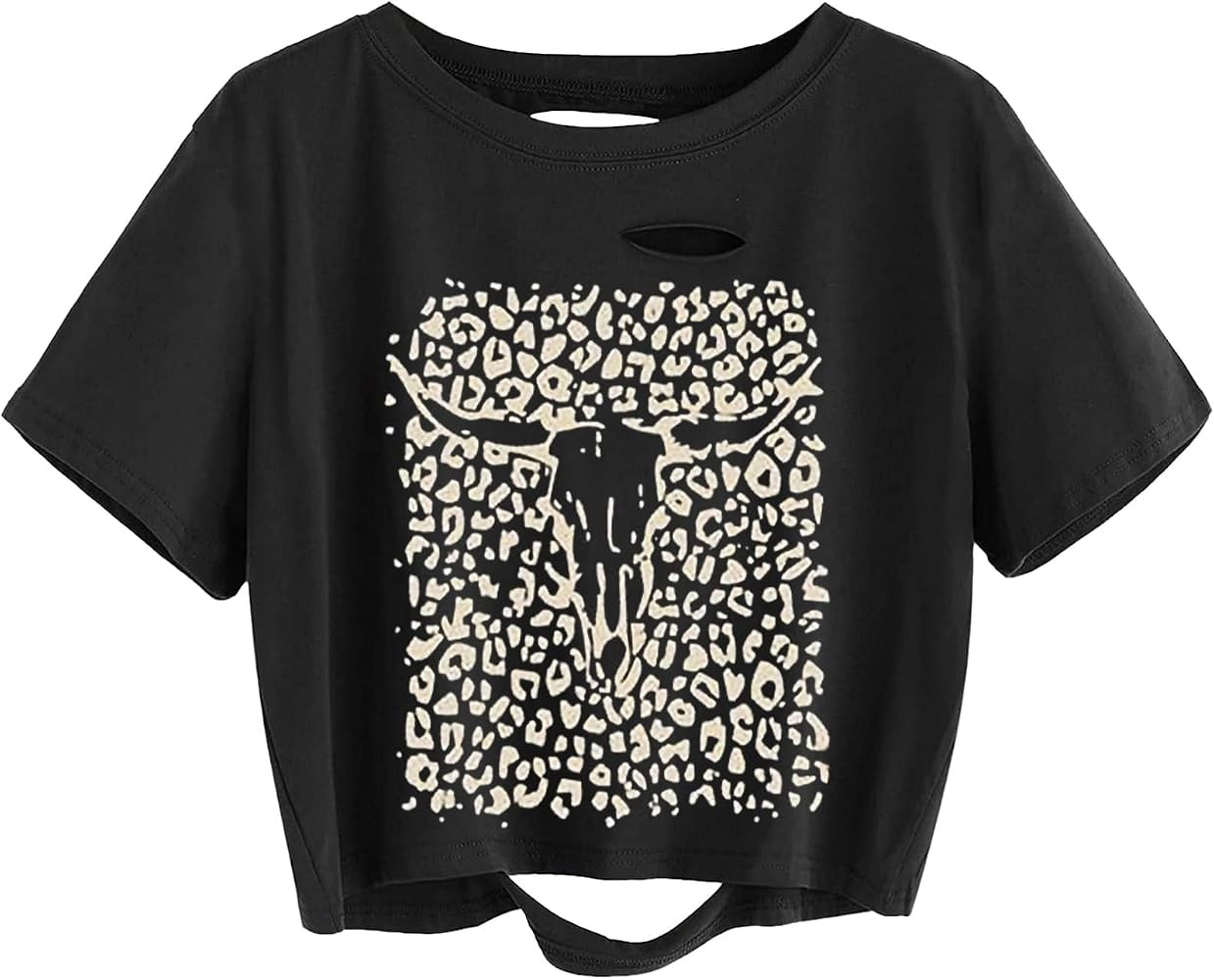 TIXOM Women Country Music Graphic Distressed Tee Shirt Sexy Ripped Short Sleeve Crop Tops | Amazon (US)