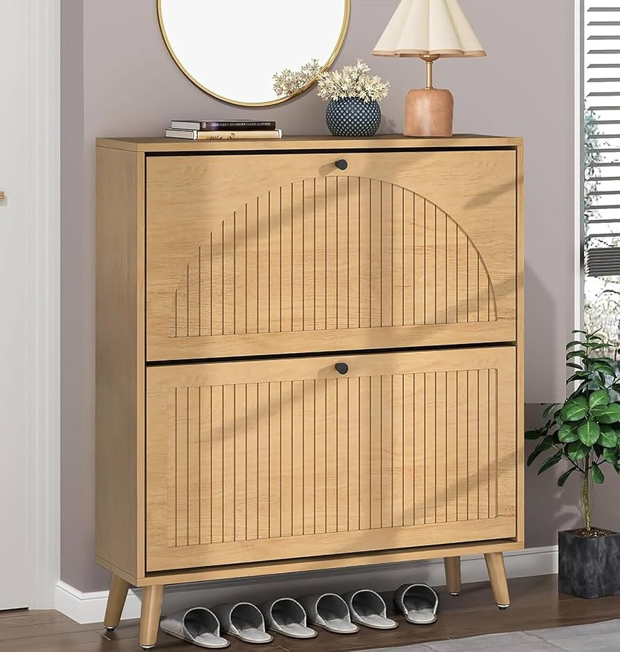 Shoe Storage Cabinet for Entryway with 2 Flip Drawers, Narrow Wood Shoe Cabinet with Fluted Panel... | Amazon (US)