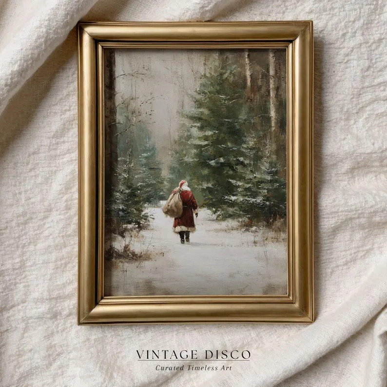 Vintage Santa Claus Painting - Classical Christmas Print, Nostalgic Charming Snowy Forest Landsca... | Etsy (US)