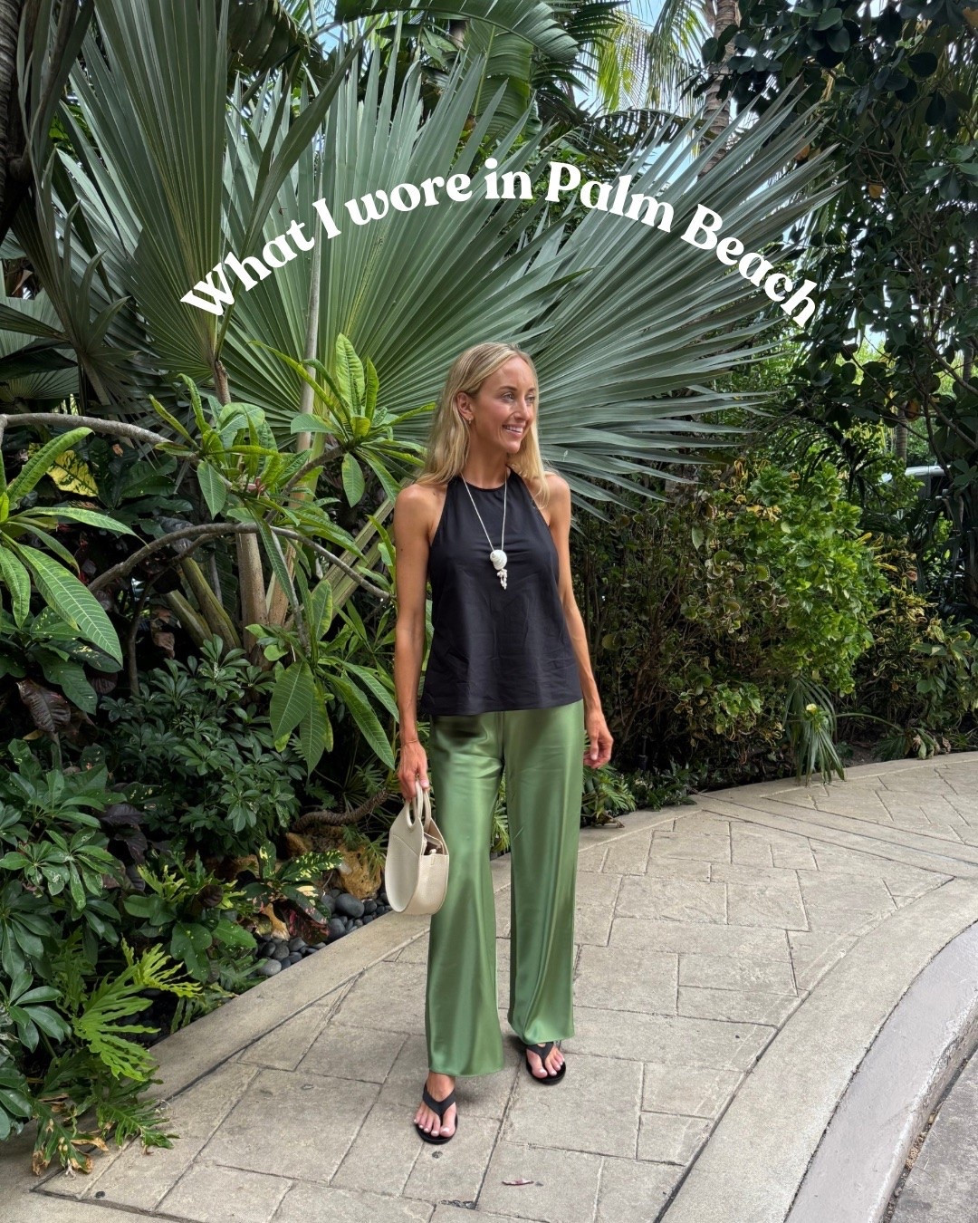 Vacation dinner outfit!

Green silk pants - small (could’ve sized down to an XS)
Black poplin halter - small
Nude heels
Shell rope pendant necklace

Summer outfits / date night / concert outfit / vacation looks