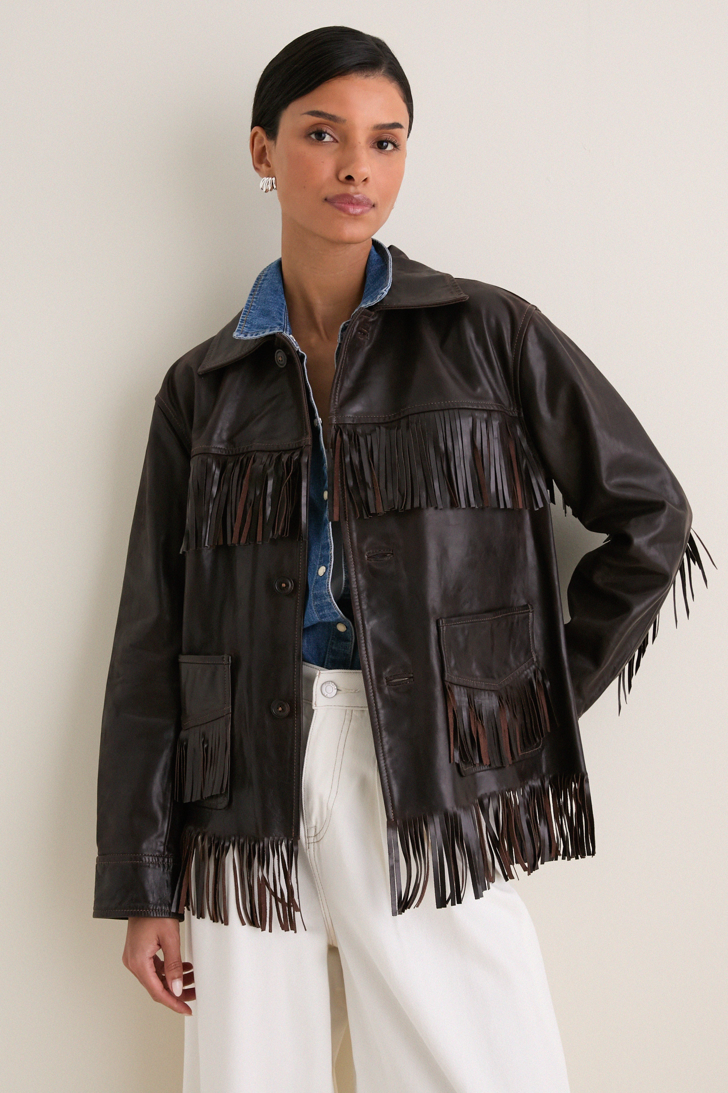 Dark Chocolate Cow Leather Fringe Jacket | Tuckernuck (US)