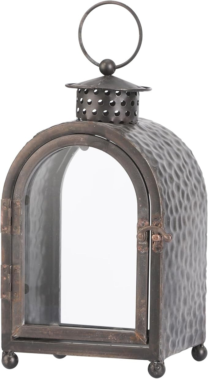 Farmhouse Metal Candle Lantern in Vingtage Tin Finish with Decorative Arched Glass and Hammered T... | Amazon (US)