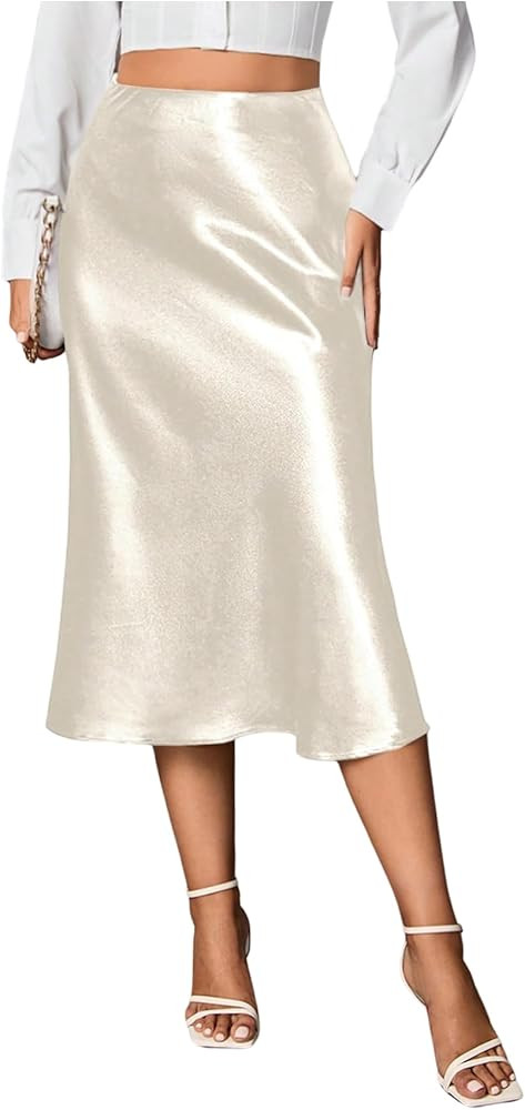 Floerns Women's Elegant High Waist Satin Midi Skirt Fishtail Hem Business Casual Skirts | Amazon (US)