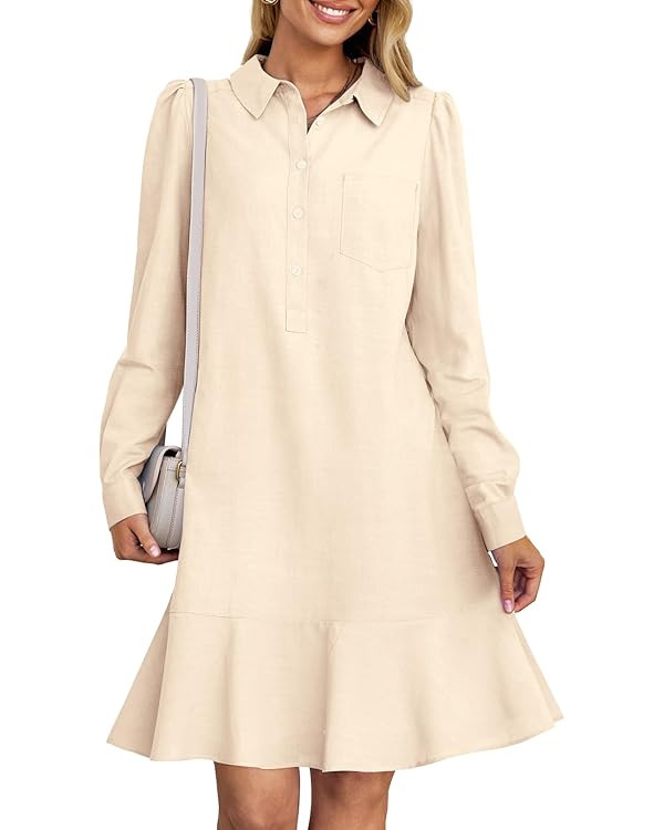 MEROKEETY Women's Casual Shirt Dress Long Sleeve Button Down Ruffle Flowy Tunic Shift Mini Dresse... | Amazon (US)