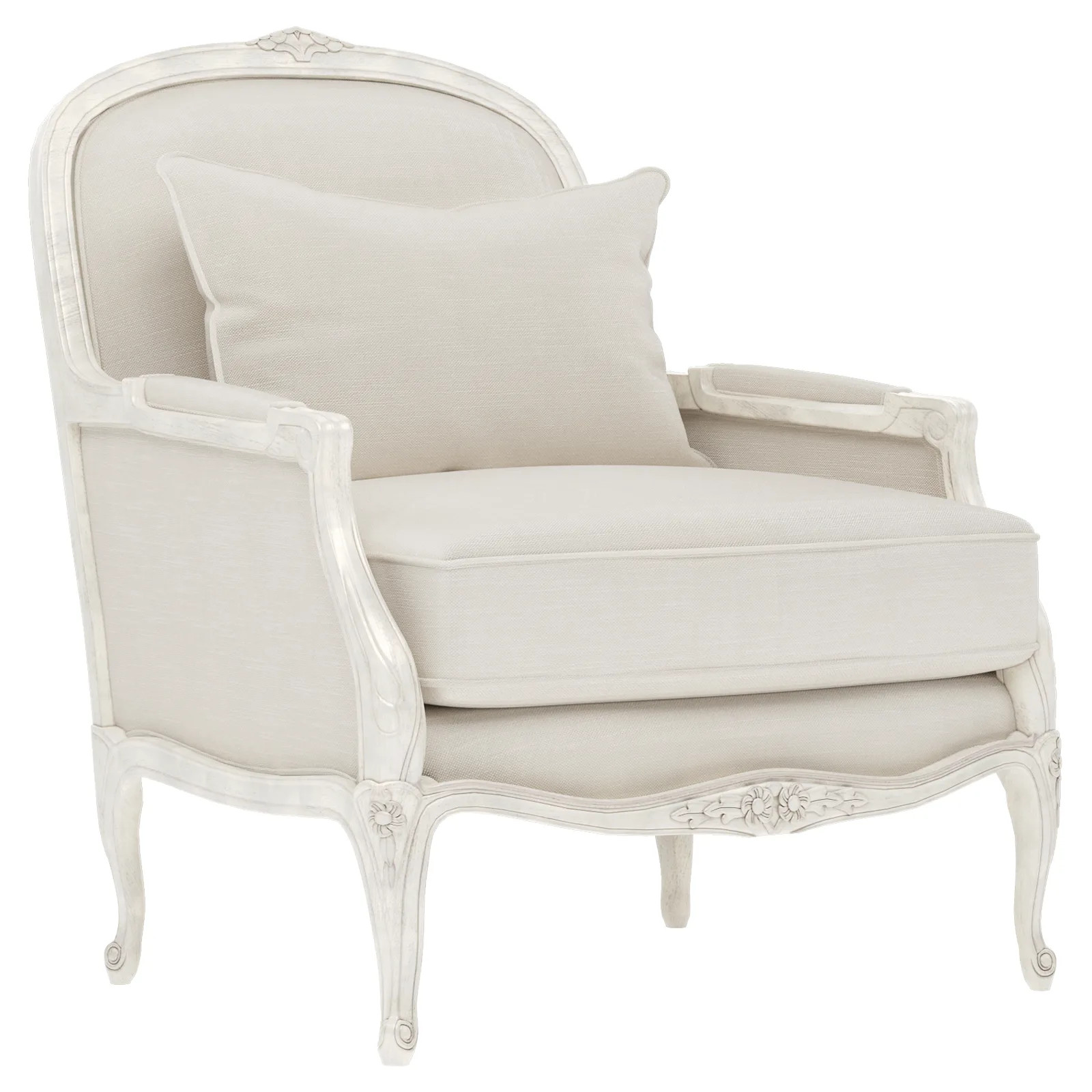 Antoinette Fog Performance Vintage White Bergere Chair | Kathy Kuo Home