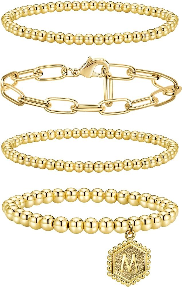 shownee Gold Beaded Bracelets for Women Set Stackable Bead Bracelet 14K Gold Plated Chunky Stretc... | Amazon (US)