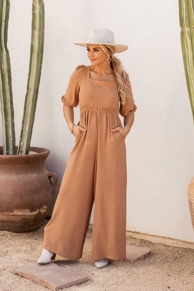 Can't Stop Now Brown Square Neck Jumpsuit | Pink Lily