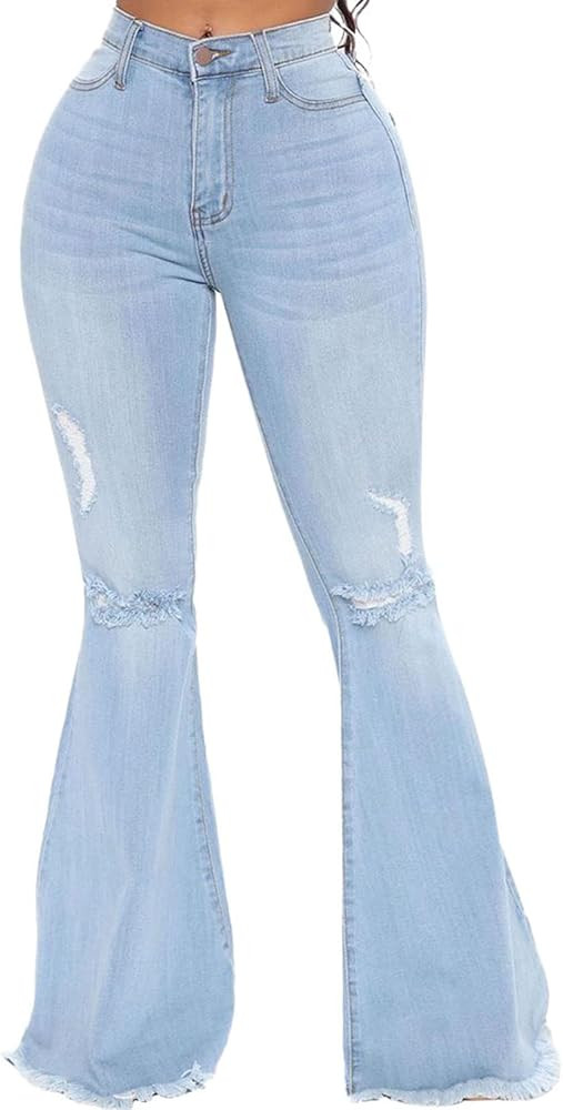 CutieLove Women's Ripped Jeans Bell Bottom Flare Jeans Mid Rise Destroyed Hem Denim Pants | Amazon (US)