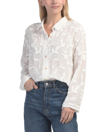 Long Sleeve Embroidered Button Down Top For Women, Cotton | TJ Maxx