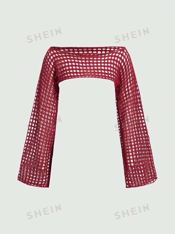 ROMWE Grunge Punk Women's Hollow Short Off Shoulder Faux Crochet Sweater Pullover Top | SHEIN