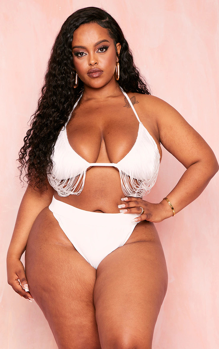 Plus White Fringed Triangle Bikini Top | PrettyLittleThing US