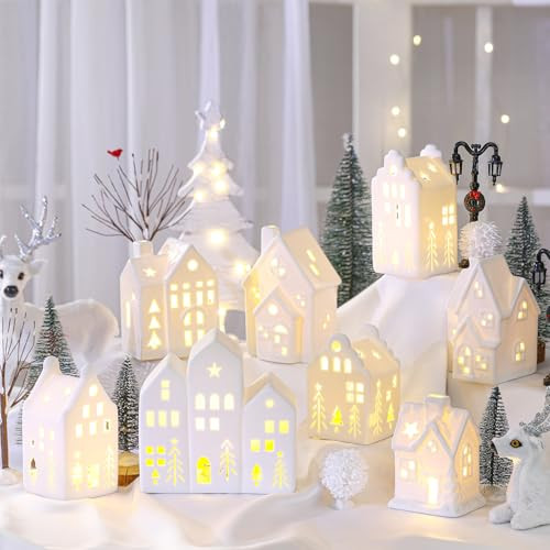 Cindeer 26 Pcs Ceramic Christmas Village Set, 8 LED Christmas Village Houses, 16 Christmas Trees Farmhouse 2 Lamp Post Christmas Scenes Decor White Christmas Tabletop Decoration (Elegant) | Amazon (US)