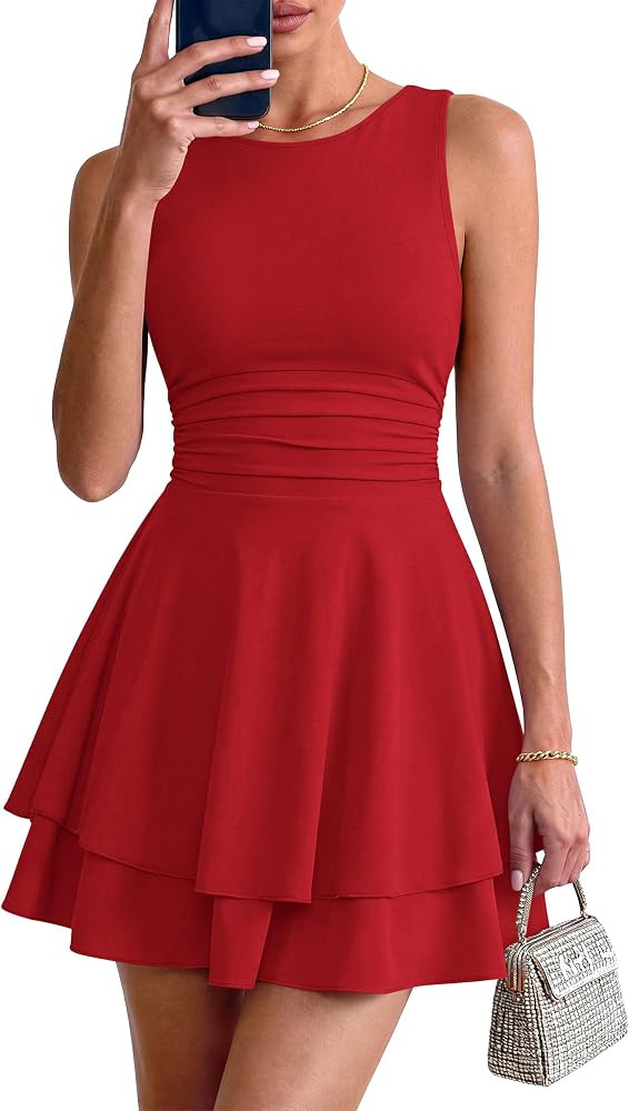 PRETTYGARDEN Women's 2026 Summer Mini Dress Sleeveless Ruched A Line Ruffle Flowy Short Cute Dres... | Amazon (US)