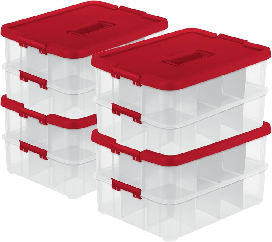 Sterilite 4-Pack Plastic Storage Box, Christmas Ornament Organizer, 24 Compartments, Red | Amazon (US)