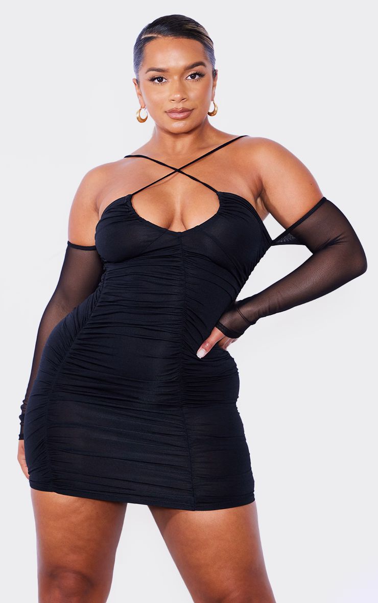 Shape Black Mesh Ruched Bardot Strap Detail Bodycon Dress | PrettyLittleThing US