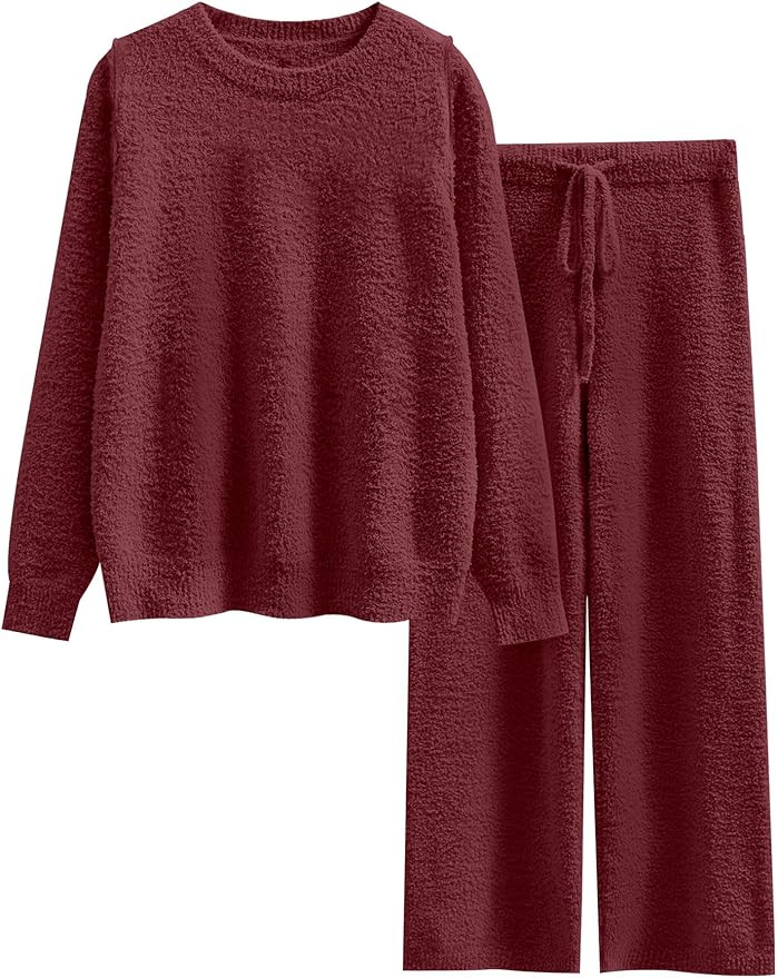 ANRABESS Women's Fuzzy Fleece Pajama Sets 2 Piece Outfits Long Sleeve Top Wide Leg Pants Lounge M... | Amazon (US)