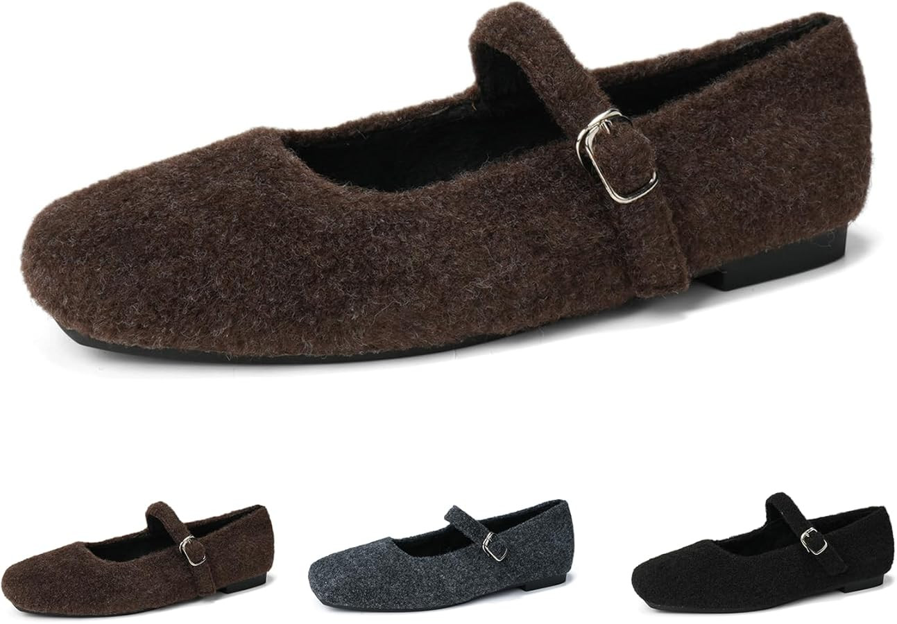 Women's Square Toe Mary Jane Flats - Soft Suede Ballet with Ankle Strap, Retro Design Cozy Slip-O... | Amazon (CA)