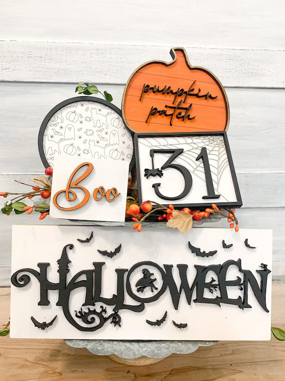 Tiered tray- Halloween theme - Boo - ghost background - framed pumpkin- shiplap- pumpkin patch -m... | Etsy (US)