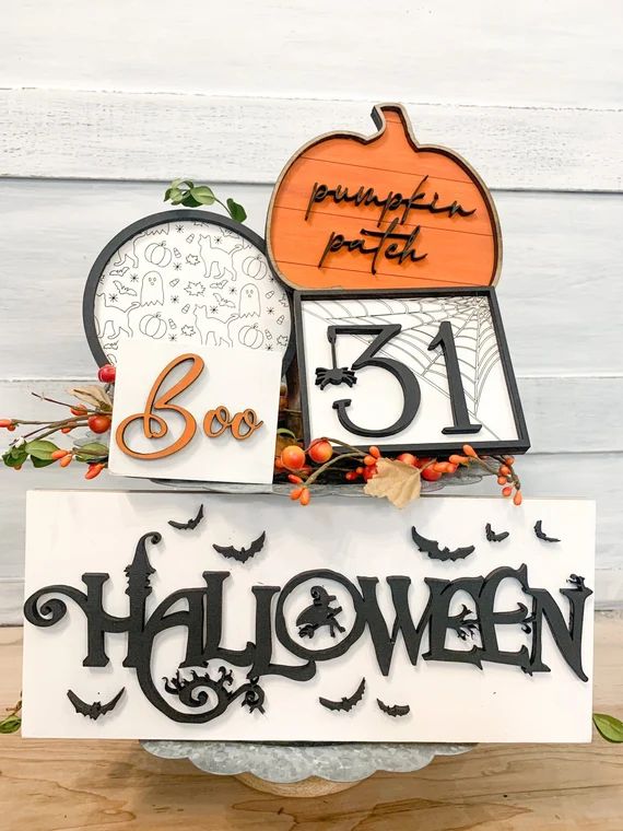 Tiered tray- Halloween theme - Boo - ghost background - framed pumpkin- shiplap- pumpkin patch -m... | Etsy (US)