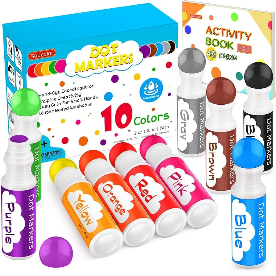 Soucolor Washable Dot Markers for Toddlers Kids Preschool, 10 Colors 2 oz Bingo Daubers Paint Mar... | Amazon (US)
