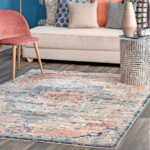 Deja Traditional Power Loom Performance Coral Orange/Red/Rust/Navy Rug | Wayfair North America