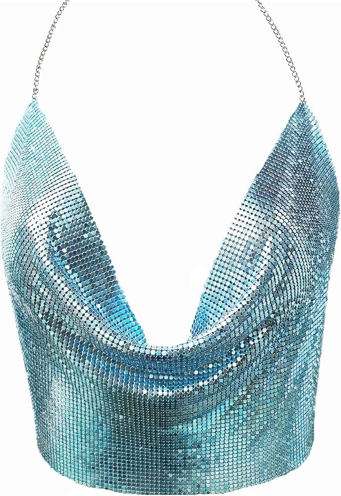 Croozy Women's Sexy Metallic Sequin Body Chain Shimmer Backless Halter Crop Top Adjustable Harnes... | Amazon (US)