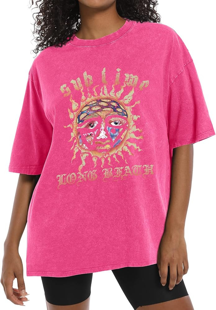 WRBIOUTS Womens Oversized Distressed Sun Graphic Letter Print Band Tees Vintage Trendy Aesthetic ... | Amazon (US)
