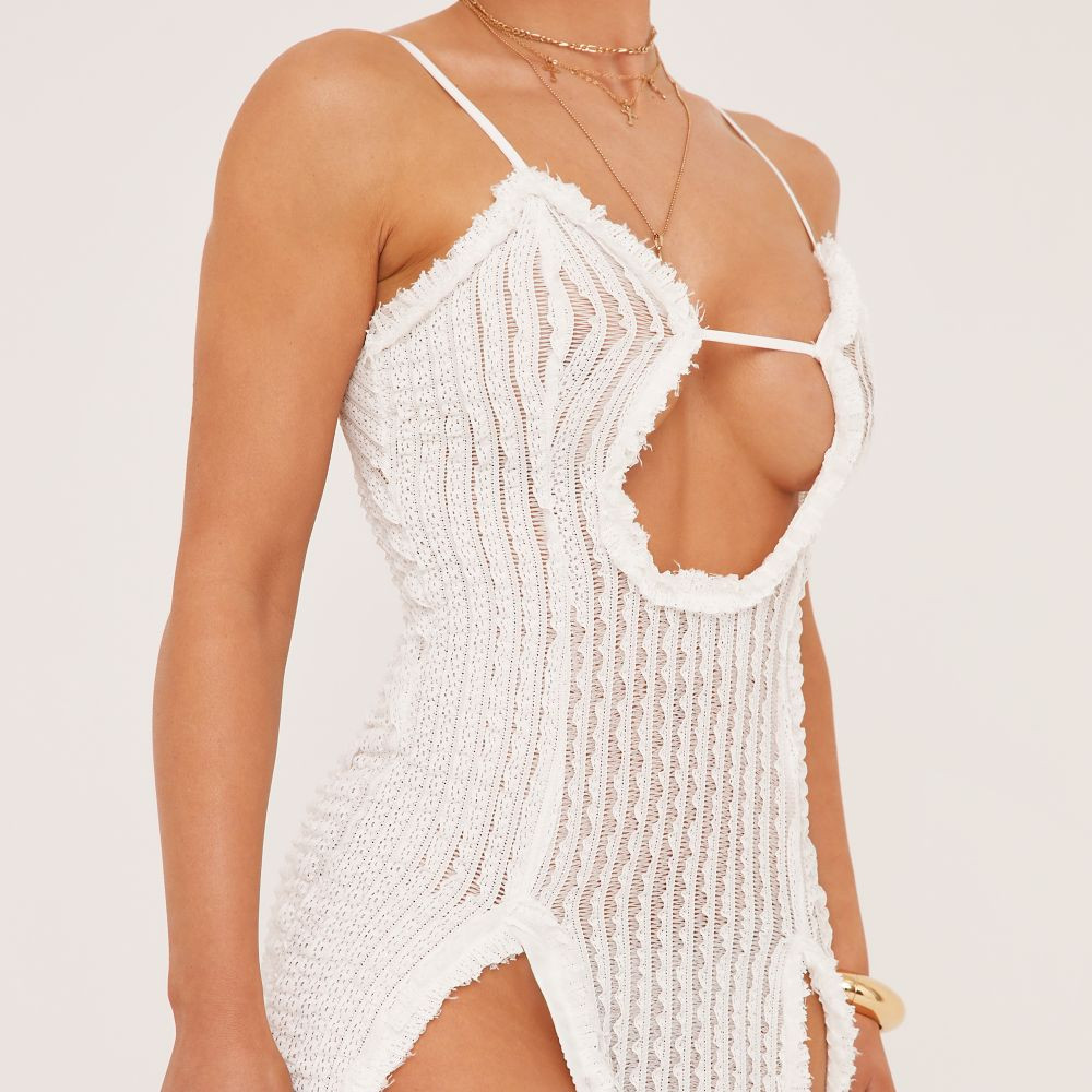 Strappy Plunge Double Split Leg Maxi Dress In Cream Texture | EGO (UK)