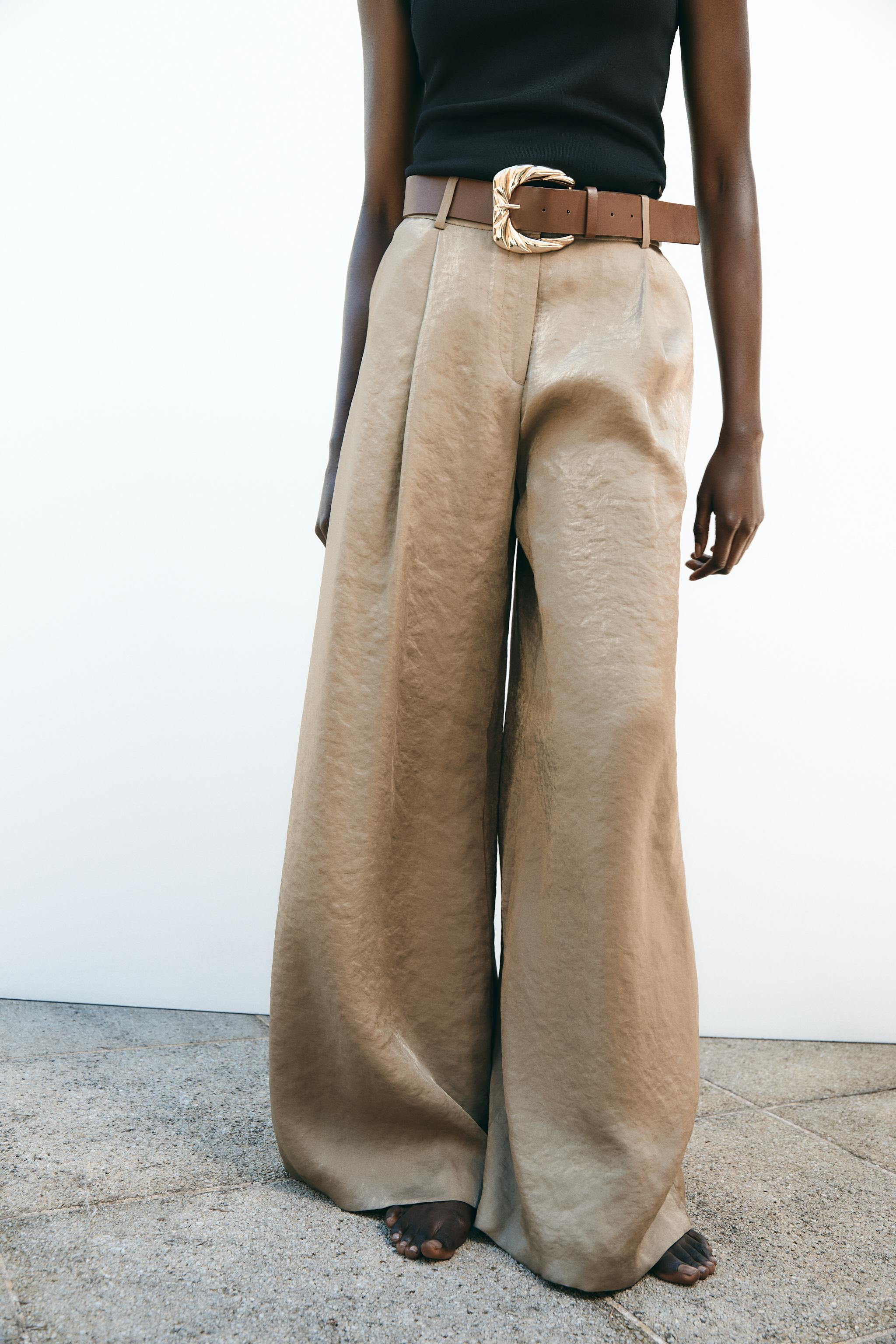 SATIN WIDE-LEG BELTED PANTS | Zara US
