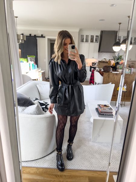 This faux leather dress is back in stock! This was a huge hit last year and a best seller on the website!! I actually wore it to a baby shower. Super cute and comfy! Runs TTS, wearing a small! 

#LTKstyletip #LTKunder100 #LTKSeasonal
